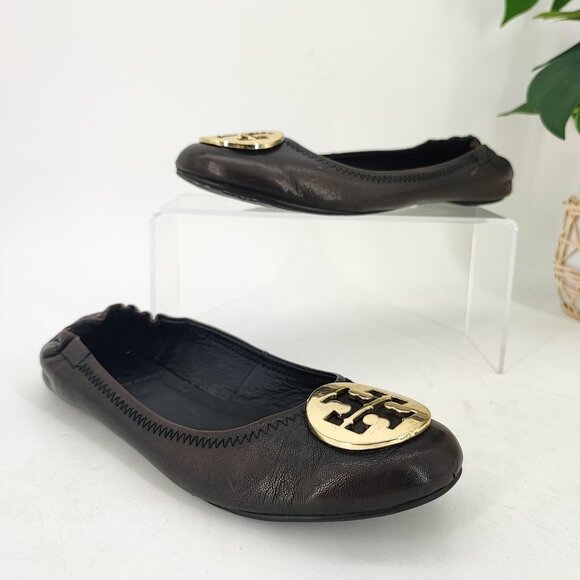 Tory Burch Women’s Minnie Dark Brown Leather Flats Size 8 - Picture 1 of 9